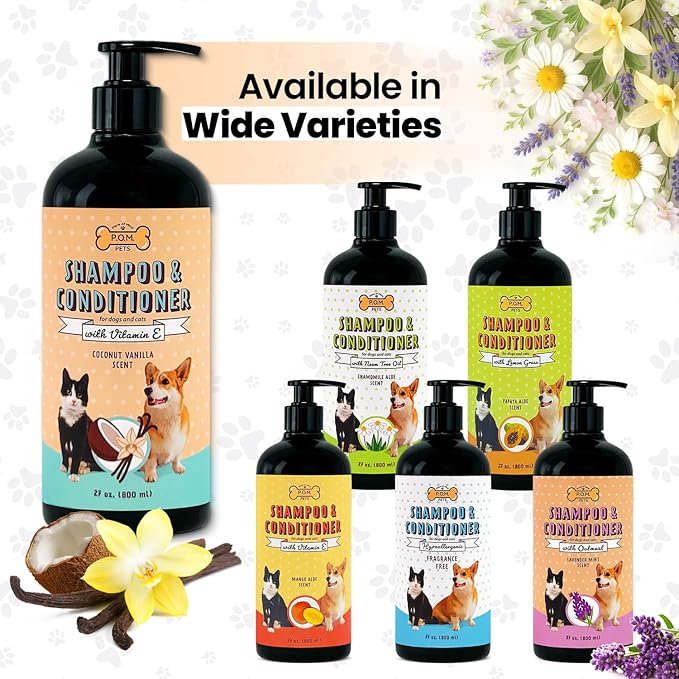 POM Pets 2-in-1 Organic Dog Shampoo &amp; Conditioner – Itchy Skin Relief, Dog Deshedding, Detangles Fur, Cat Shampoo, Paw Cleaner for Dogs, Natural Coat Defense Formula