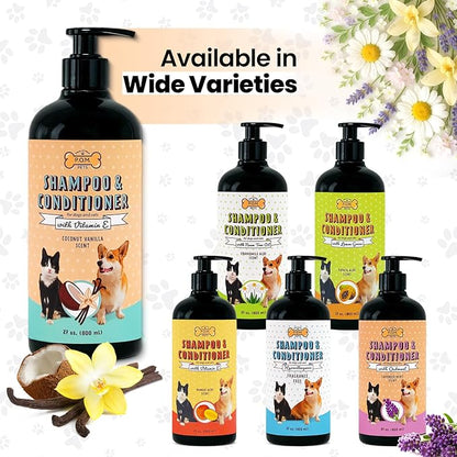 POM Pets 2-in-1 Organic Dog Shampoo &amp; Conditioner – Itchy Skin Relief, Dog Deshedding, Detangles Fur, Cat Shampoo, Paw Cleaner for Dogs, Natural Coat Defense Formula