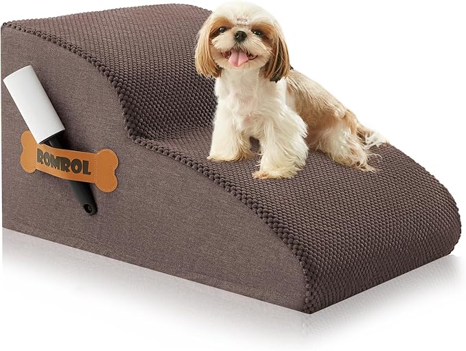 High Density Foam Dog Stairs Ramp for Beds Couches, Romrol Pet Steps with Durable Non-Slip Waterproof Fabric Cover, Dog Slope Stairs Friendly to Small Dogs and Cats or Pets Joints, 2-Tiers