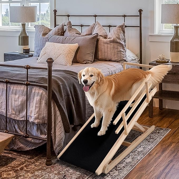 Dog Ramp, 5 Level Adjustable Wooden Folding Pet Ramp for Middle Bed, Couch,SUV-High Traction, Portable Paw Ramps for Small &amp; Large Old Dogs &amp; Cats - Furniture Quality