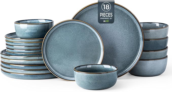 GBHOME Ceramic Dinnerware Sets for 6, 18 Pieces Stoneware Plates and Bowls Sets, Scratch Resistant Dishes, Dishwasher &amp; Microwave Safe, Space Blue