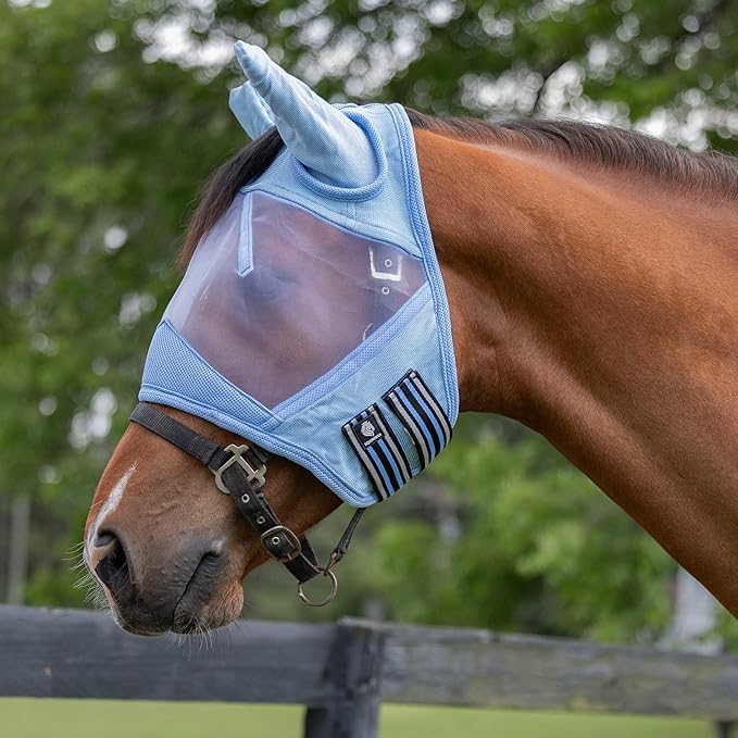 Equinavia Algard Soft Mesh Horse Fly Mask with Ear Protection and 45 UPF Rating | No Eye Irritation &amp; UV Protection - Light Blue - Warmblood