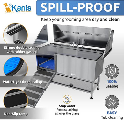 KANIS Professional Dog Washing Station - 304 Stainless Steel Pet Wash Sink &amp; Grooming Bath Tub for Home with Ramp, Shower, Floor Grate, Storage Shelf, Faucet, Drain Kit for Large, Medium &amp; Small Pets