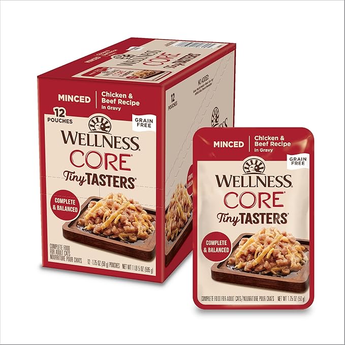 Wellness CORE Tiny Tasters Minced Adult Wet Cat Food, Natural, Protein-Rich, Grain Free, 1.75-Ounce Pouch, 12 Pack, (Chicken &amp; Beef)