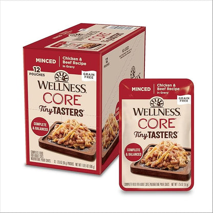 Wellness CORE Tiny Tasters Minced Adult Wet Cat Food, Natural, Protein-Rich, Grain Free, 1.75-Ounce Pouch, 12 Pack, (Chicken &amp; Beef)