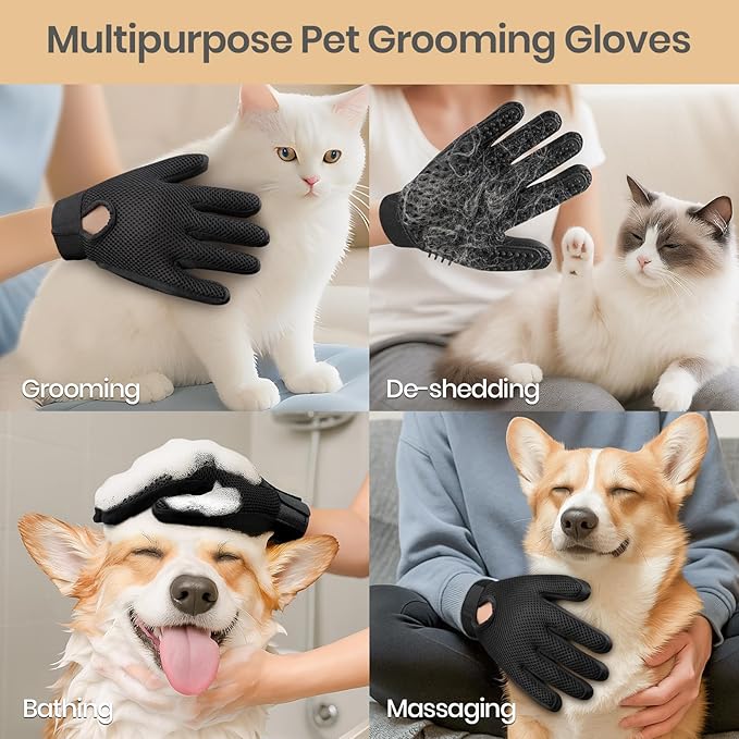 Pet Hair Remover Glove - Gentle Pet Grooming Glove Brush - Deshedding Glove - Massage Mitt with Enhanced Five Finger Design - Perfect for Dogs &amp; Cats with Long &amp; Short Fur - 1 Pack (Right-hand), Black