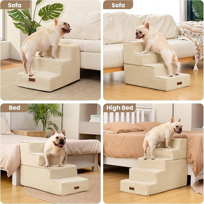 Dog Stairs for Small Dogs &amp; Cats, 3-Step Non-Slip Pet Steps for Couch Sofa and Chair, Beige, 13.6" H