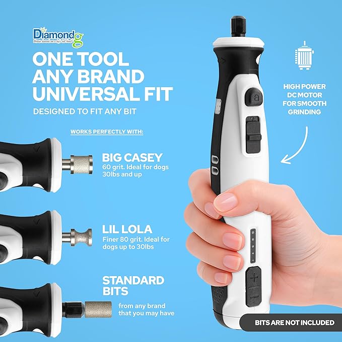 Diamondg Cordless Dog Nail Grinder with Quiet Sound &amp; LED Tip for Large &amp; Small Dogs, 4hrs. Runtime, 2 Bits Included, White