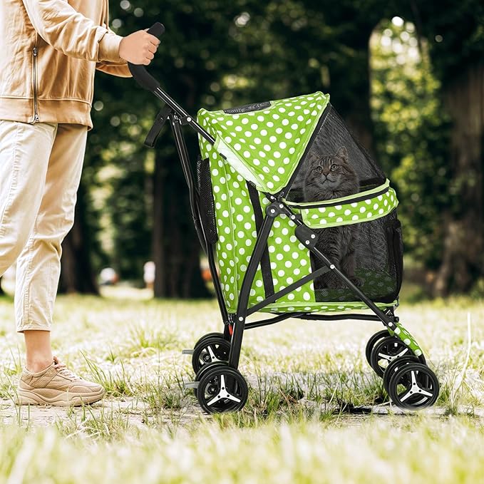 Magshion Compact Pet Stroller for Small-Medium Dogs/Cats up to 22lbs, 4-Wheel Lightweight Umbrella Shaped Portable Puppy Travel Jogger with Breathable Mesh &amp; Rear Storage, Lawn Green Polka Dots