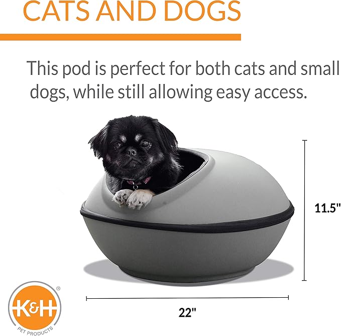 K&amp;H Pet Products Unheated Kitty Mod Dream Pod Cat Bed for Large Cats or Small Dogs, Indoor Covered Privacy Cave, Collapsible, Easy Clean Washable Cushion - Unheated Round 22in Gray/Black