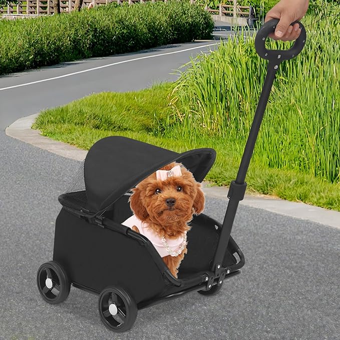 Small Dog Stroller, Pe4-Wheel Portable Dog &amp; Cat Stroller with Semi-Open Design, Foldable Pet Cart with Canopy for Small Dogs or Cats Weighing Less Than 15.43 Pounds (Black)