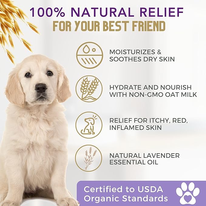 All Natural Organic Oatmeal Dog Shampoo for Itchy Skin with Aloe, Coconut &amp; Lavender Essential Oil, Hypoallergenic, Moisturizing for Normal, Dry, Itchy, or Sensitive Skin, USA Made, 16 oz
