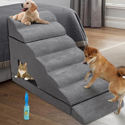 Dog Stairs &amp; Steps for High Beds 30-36 inches High Tall, LitaiL Pet Stairs/Steps for High Beds 34 inch High for Small Large Dogs, Non-Slip 7 Steps Dog Ramps for Old Dogs/Cats