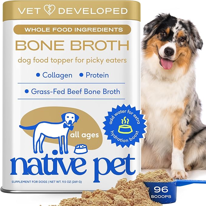 Native Pet Bone Broth for Dogs and Cats - Made with Real Beef Bone Broth, Dog Food Toppers for Picky Eaters - Provides Extra Hydration &amp; Nutrition for Joint Strength, Immunity &amp; Heart Health-96 Scoops