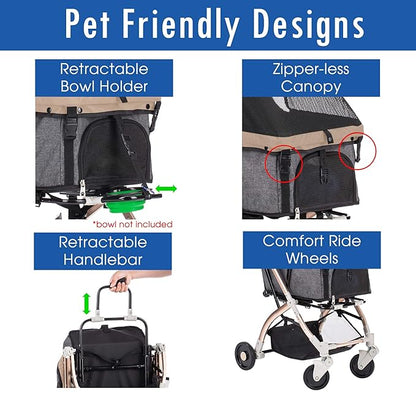 HPZ-PR America Pet Rover Lite Premium Light-Weight Dog/Cat/Pet Stroller Travel Carriage with Convertible Compartment/Aluminum Frame for Small &amp; Medium Pets (Taupe 2nd-Gen.)
