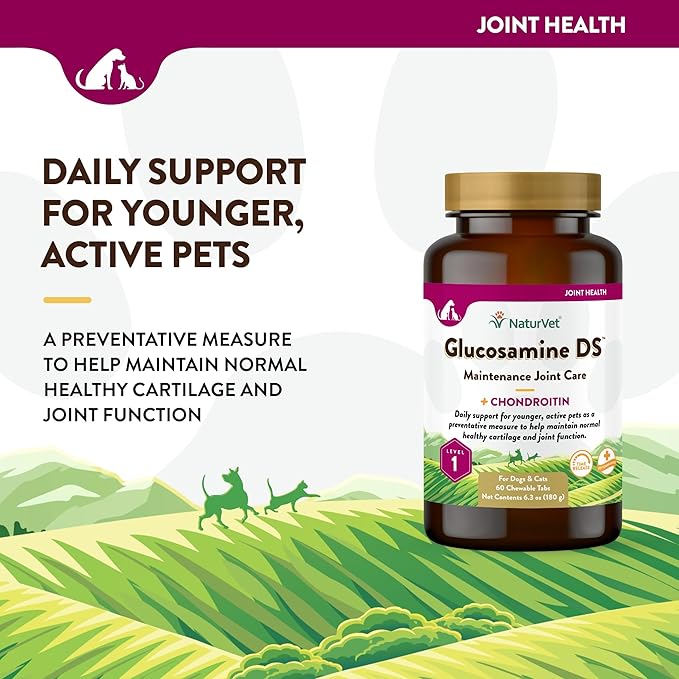 NaturVet Glucosamine DS Level 1 Maintenance Care Hip &amp; Joint Support Pet Supplement for Dogs &amp; Cats –Glucosamine, Chondroitin, Antioxidants –Supports Cartilage, Joint Function – 60 Ct.