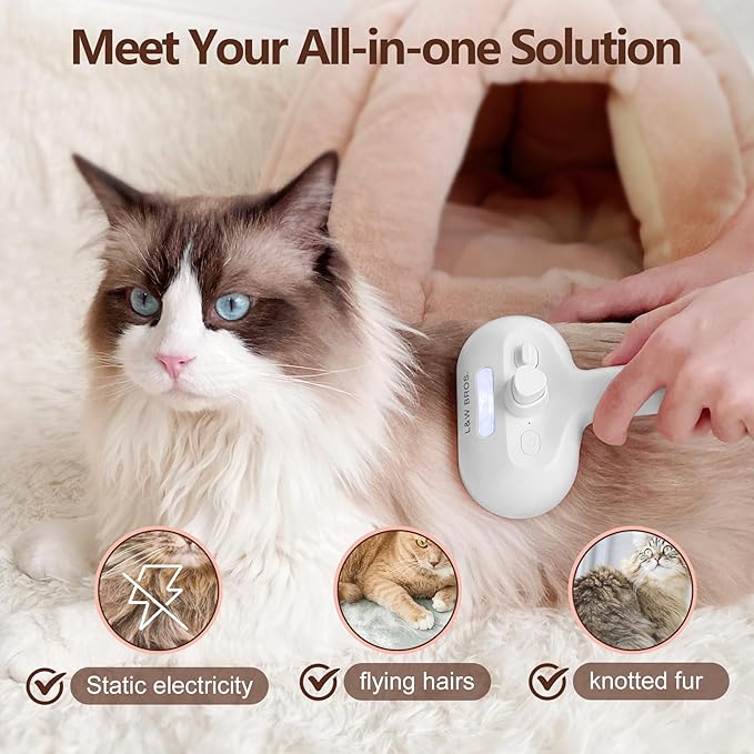 L&amp;W BROS. Steam Grooming Brush for Shedding and Detangling – Self-Cleaning Steamy Pet Brush with Mist Spray for Long-Haired Cats and Small Dogs (White)