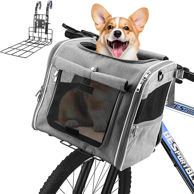 Xixter Dog Basket for Bike, Suitable for Small &amp; Medium Pet Up to 7 kg, Foldable 4-in-1 Pet Bike Basket, Crossbody, Shoulder and Car Seat, with Sturdy Bracket and 4 Mesh Windows, Gray