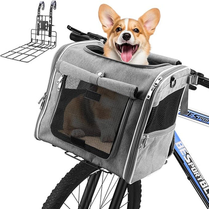 Xixter Dog Basket for Bike, Suitable for Small &amp; Medium Pet Up to 7 kg, Foldable 4-in-1 Pet Bike Basket, Crossbody, Shoulder and Car Seat, with Sturdy Bracket and 4 Mesh Windows, Gray