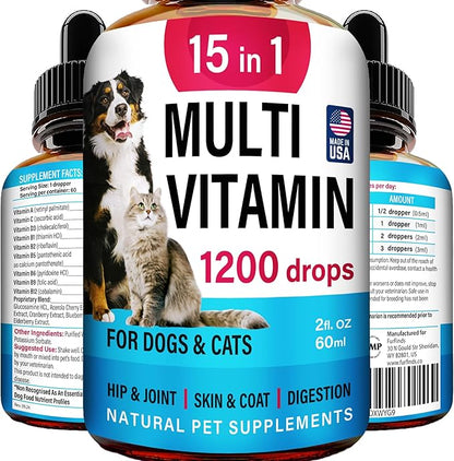 Advanced 15-in-1 Multivitamin for Dogs &amp; Cats - Premium Liquid Supplement with Glucosamine, Vitamin B Complex and Cranberry for Joint, Digestive, Skin, Immune &amp; UTI Support - 2.0 Fl Oz - Made in USA