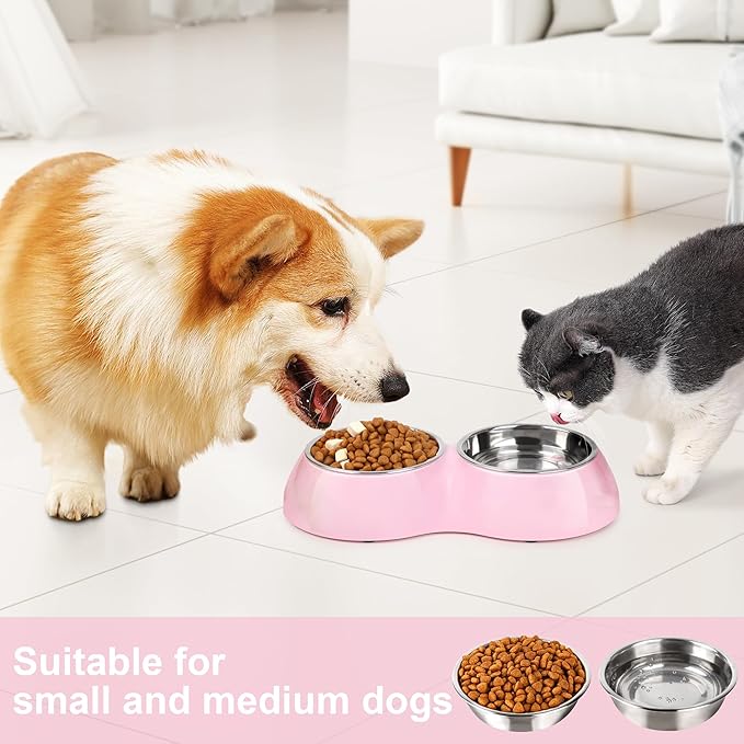 Stainless Steel Dog Bowls Set – Dual Non-Slip Pet Dishes with 2 Small (4oz*2) Bowls &amp; Durable Resin Stand,Food &amp; Water Feeder for Puppies, Kittens, and Small Breed Dogs– Pink