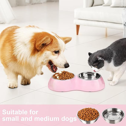 Stainless Steel Dog Bowls Set – Dual Non-Slip Pet Dishes with 2 Small (4oz*2) Bowls &amp; Durable Resin Stand,Food &amp; Water Feeder for Puppies, Kittens, and Small Breed Dogs– Pink
