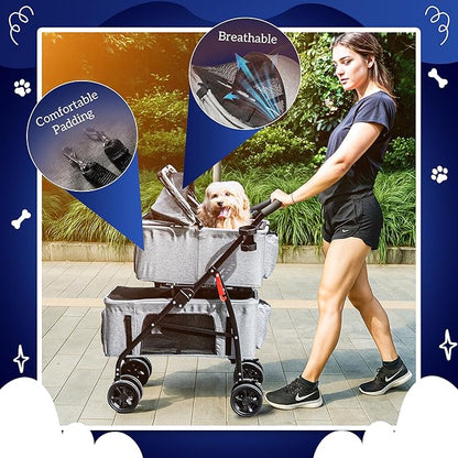 Detachable Pet Double Stroller with 4 Rolling Casters for 2 Pets – Lightweight Multifunctional Travel Stroller with Mesh Windows, Cup Holder, Sun Shades &amp; Storage Pocket for Puppy and Kitty