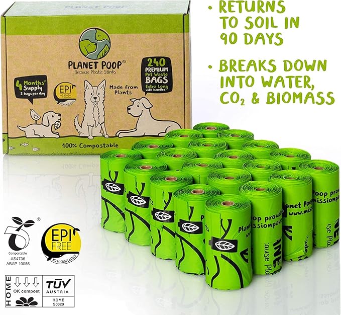 PLANET POOP Home Compostable Dog Poop Bags Extra-long with Handles 240 Un-Scented Pet Waste Bags Plastic Free, Thick Leakproof Plant-Based Doggy Bag, Cats &amp; Dogs Pet Supplies