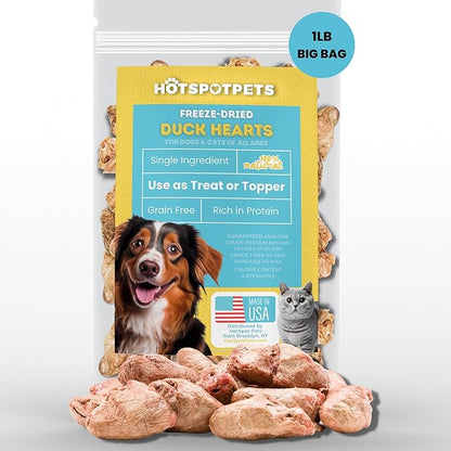 hotspot pets Freeze Dried Duck Heart Treats for Cats &amp; Dogs - Made in USA, 1LB Big Bag - Single Ingredient All Natural Grain-Free Duck Hearts - Perfect for Training, Topper or Snack