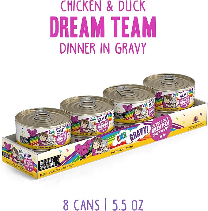 Weruva B.F.F. OMG - Best Feline Friend Oh My Gravy!, Chicken &amp; Duck Dream Team with Chicken &amp; Duck in Gravy, 5.5oz Can (Pack of 8)