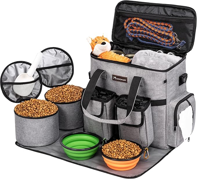 Airline Approved Dog Travel Bag with 2 Dog Treat Training Pouches, Tote Organizer for Weekend Pet Travel Supplies &amp; Accessories, 2 Collapsible Bowls, 2 Food Container (Grey)