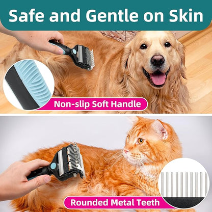 3-IN-1 Pet Grooming Tool - Undercoat Rake, Dematting Comb &amp; Deshedding Brush for Cats &amp; Dogs - Removes Mats, Tangles &amp; Loose Fur, Reduces Shedding &amp; Prevents Hair Mess (Blue)