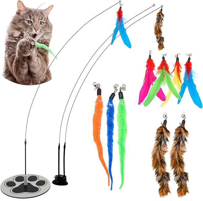 Suction Cup Cat Toys for Indoor Cats Interactive Suction Cup Cat Wand Toy Feather Teaser for Indoor Cats &amp; Kittens Multi Surface Base for Hands Free Play