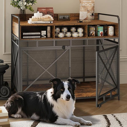 Dog Crate Furniture, 48" Heavy Duty Wooden Dog Crate End Table, XL Dog Kennel Furniture Large Breed, Decorative Dog Kennel Indoor with 3 Drawers &amp; Steel Tubes 48" L x28 W x38 H (Rustic Brown)