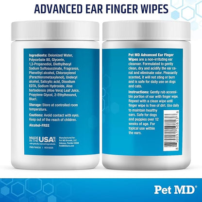 Pet MD Advanced Ear Finger Wipes for Dogs &amp; Cats - Non-Irritating Ear Wipes &amp; Ear Cleaner - Pet Safe Cleaner to Aid in Itchiness and Odor - Cucumber Melon (50ct)