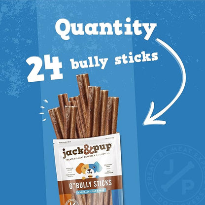 Jack&amp;Pup 6" Bully Sticks for Dogs | Jumbo Odor Free Pizzle Sticks for Large Dogs | Single Ingredient, 100% Beef (Jumbo, 24 Pack)