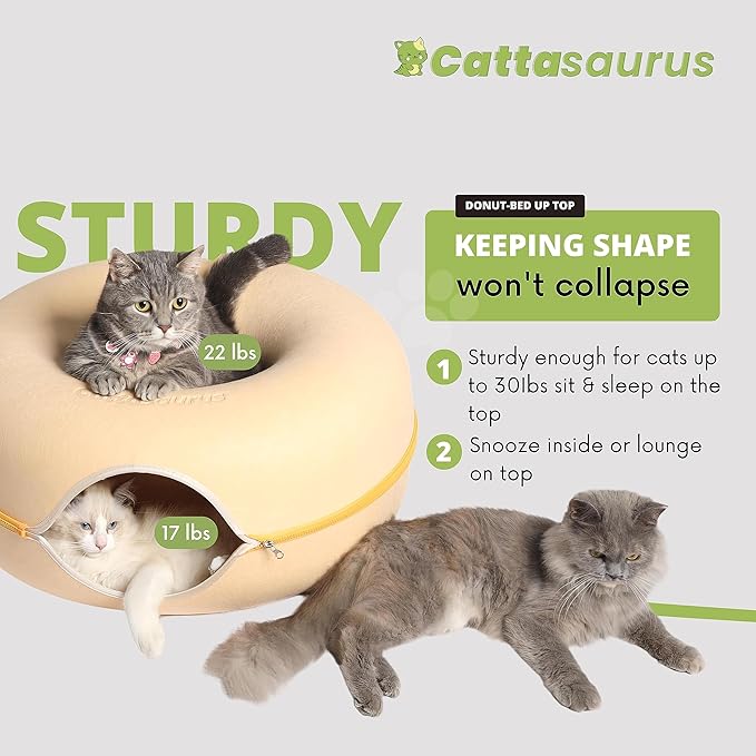 Cattasaurus Peekaboo Cat Cave for Multiple &amp; Large Cats Up to 30-45 Lbs, Scratch Detachable &amp; Washable Tunnel Bed, Comfy Donut Cat Cave (Pastel Macaron, Large)