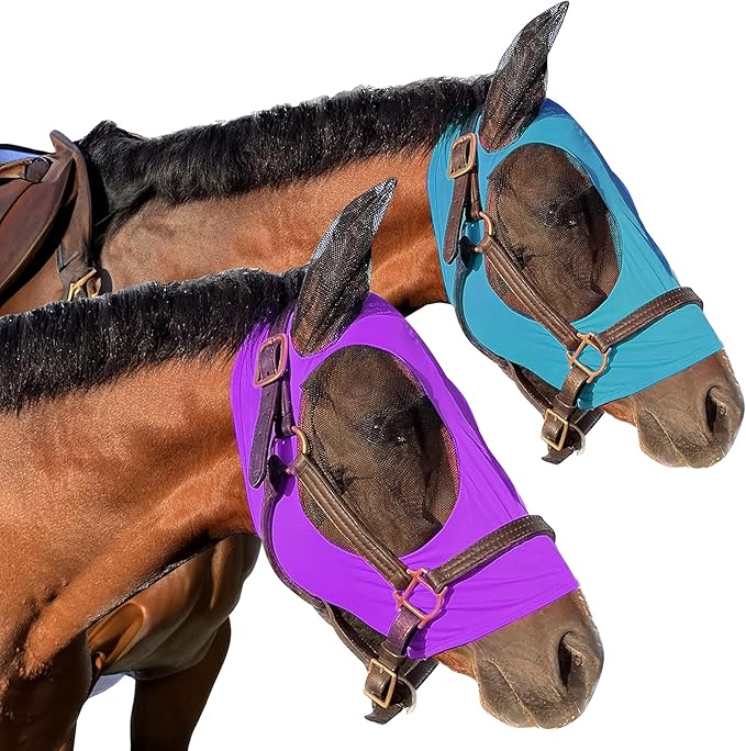 Horse Fly Mask - Arab Equine Fly Mask with Full Coverage for Eye &amp; Ear - Stretchable UV &amp; Sun Protection Flymask for Horses, Ponies &amp; Mini Horses - Horse Face Cover for Pasture &amp; Trail - Purple