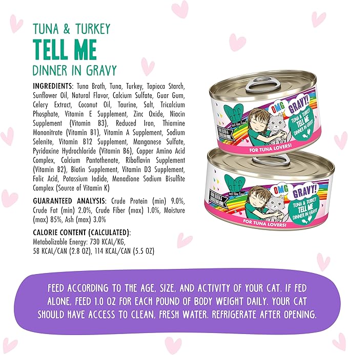Weruva B.F.F. OMG - Best Feline Friend Oh My Gravy!, Tuna &amp; Turkey Tell Me with Tuna &amp; Turkey, 2.8oz Can (Pack of 12)