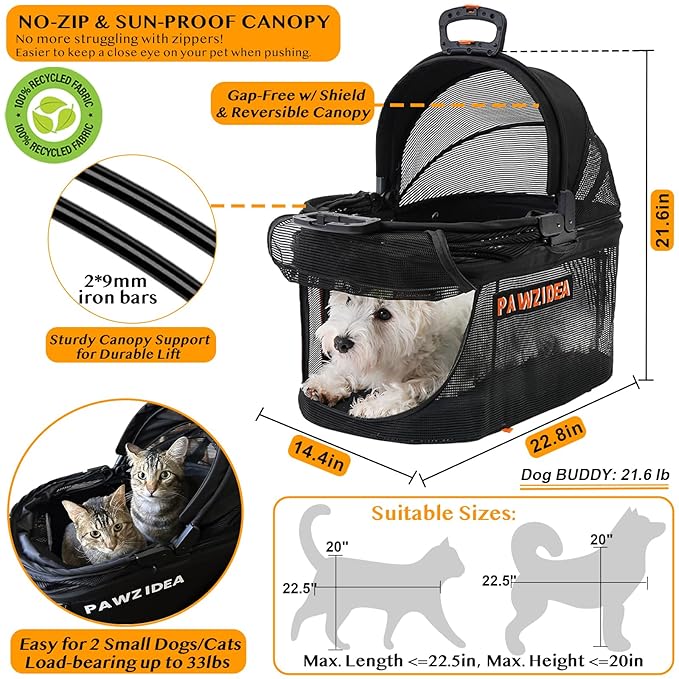 PAWZIDEA Dog Stroller 4 in 1, Pet Stroller for Cats with Detachable Carrier for Small/Medium Dogs/Cats, Seatbelt Car Seat Combo, Cozy House, Foldable &amp; Lightweight Jogger Strollers, Storage Basket