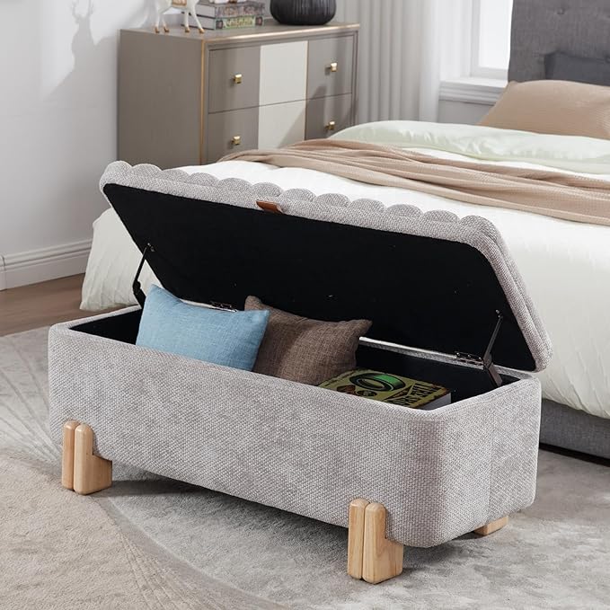 Kmax 45" Storage Bench Velvet Entryway Bench Upholstered Ottoman Bench with Wavy Top &amp; Safty Hinge for Bedroom Living Room Hallway, Grey