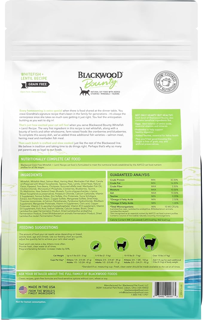 Blackwood Bounty Dry Cat Food, Whitefish &amp; Lentil Recipe for All Life Stages, 2 Pound Bag, High Protein, Grain Free
