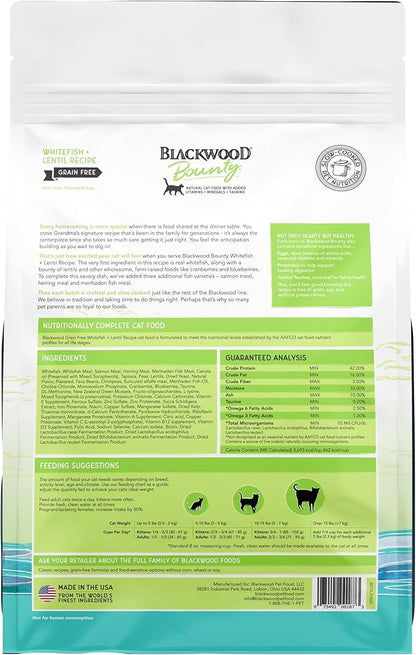 Blackwood Bounty Dry Cat Food, Whitefish &amp; Lentil Recipe for All Life Stages, 2 Pound Bag, High Protein, Grain Free (Pack of 4)