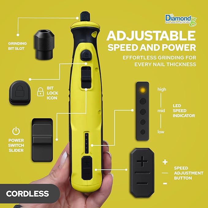 Diamondg Cordless Dog Nail Grinder with Quiet Sound &amp; LED Tip for Large &amp; Small Dogs, 4hrs. Runtime, 2 Bits Included, Yellow