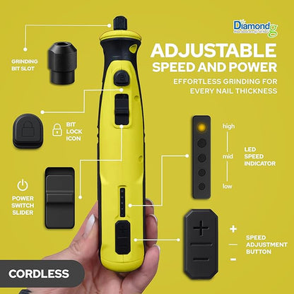 Diamondg Cordless Dog Nail Grinder with Quiet Sound &amp; LED Tip for Large &amp; Small Dogs, 4hrs. Runtime, 2 Bits Included, Yellow