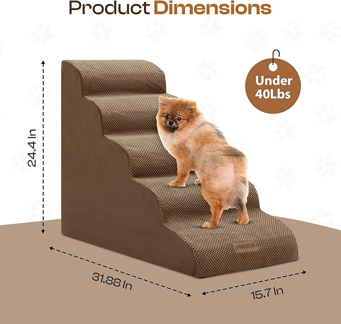 Dog Stairs for High Beds Up to 26-30", 5-Step Foam Pet Ramp with Washable Cover, Gentle Slope Steps, Bed &amp; Couch Ladder for Small Medium Dogs &amp; Senior Cat, Puppy Stairs to Get on Tall Furniture