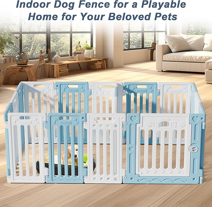 2 Room Dog Playpen with Door,DIY Shape Combination Puppy Pen,16-Panel+2 Link Piece+Large Door+Small Door,25.5" H Dog Fence,Non-Slip&amp;Secure Pet Gate,Easy to Assemble,Blue+White