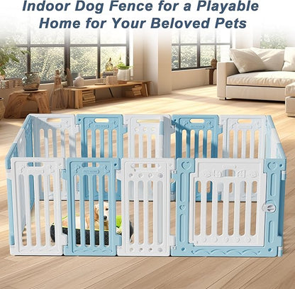 2 Room Dog Playpen with Door,DIY Shape Combination Puppy Pen,16-Panel+2 Link Piece+Large Door+Small Door,25.5" H Dog Fence,Non-Slip&amp;Secure Pet Gate,Easy to Assemble,Blue+White