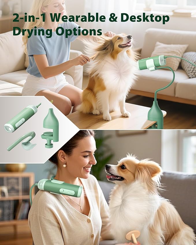 L&amp;W BROS. 2-in-1 Pet Hair Dryer with Clamp Stand – Wearable &amp; Hands-Free Dog Grooming Dryer, 950W Low Noise Blower with 5 Heat &amp; 3 Speed Settings, for Small to Medium Pets (Green)