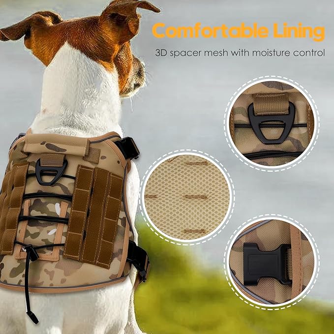 Heavy-Duty Tactical Dog Harness for Large Dogs, No Pull Adjustable Reflective Pet Vest with Molle System, K9 Military-Grade Control for Service Training, Outdoor &amp; 10+ Breeds, Desert Camo, X-Large